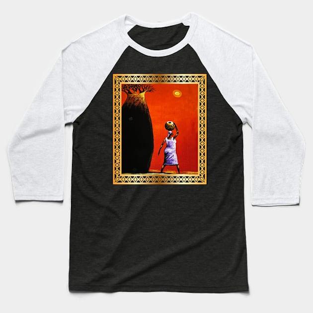 African Woman Artwork, African Tree Sunset Baseball T-Shirt by dukito